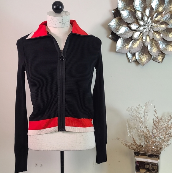 Zara Sweaters - Zara Black Sporty  Ribbed Zip Up Red White Trim